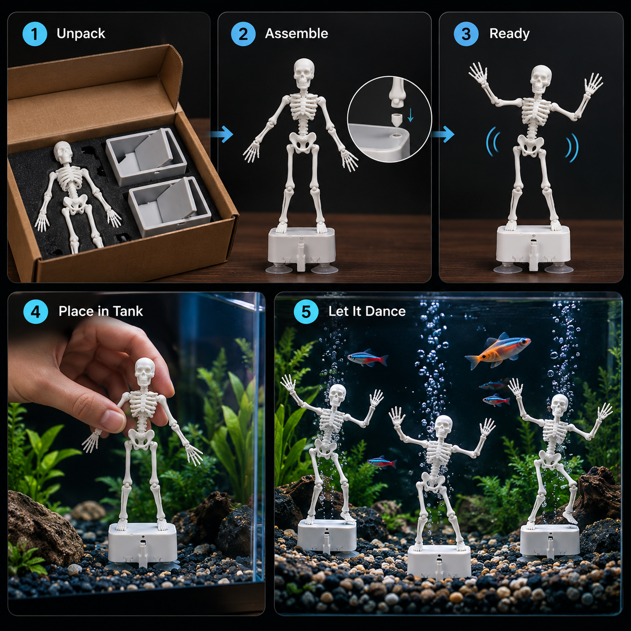 Aqua Titan Glow · Dancing Skeli — Glow-in-the-Dark Air-Powered Dancing Skeleton Aquarium Ornament · Titan Toys