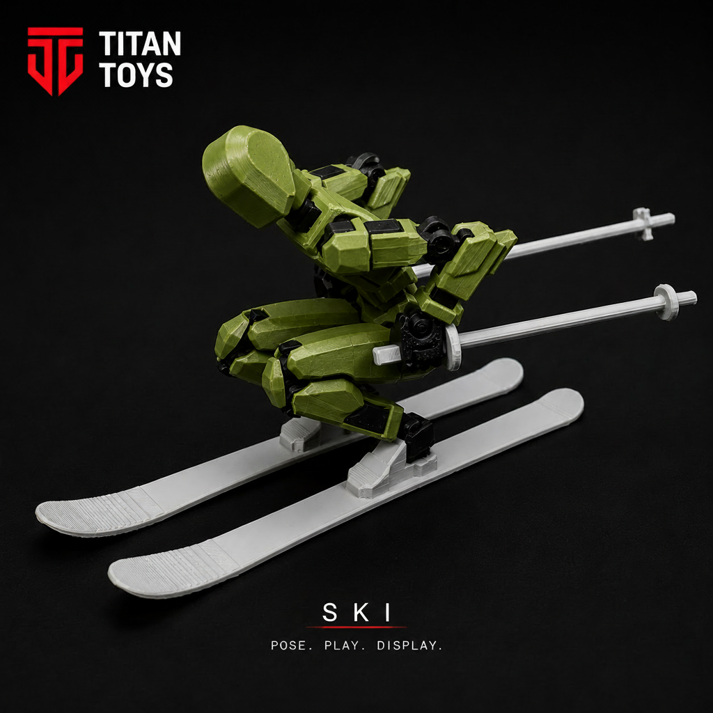 Titan SKEE Pack ski set with poles for Titan 13 — green articulated figure on white skis with ski poles by Titan Toys