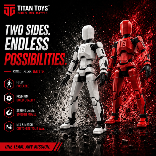 Red & White Studio Twin · Warrior & Harmony · Articulated Desktop Action Set · Titan Toys