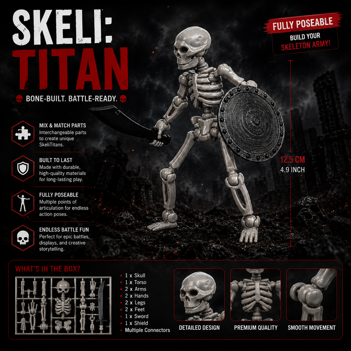 Skeli:Titans · The Colour Legion · 4-Figure Big 8-Inch Multi-Colour Articulated Skeleton Army Set · Red + Yellow + White + Black · Made in India · Titan Toys