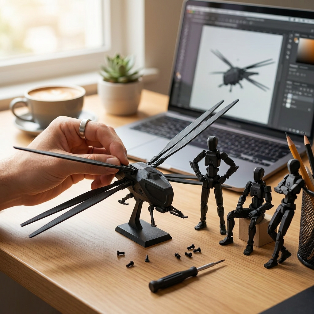 Assembling the TitanCopter at a desk with Titan-13 figures and design on laptop