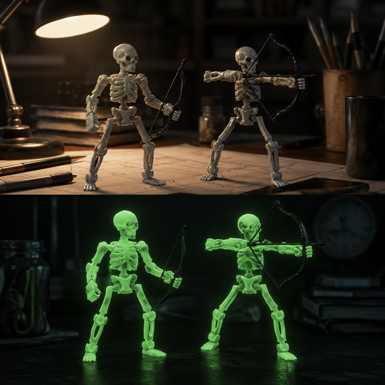 Skeli:Titans glow-in-the-dark skeletons — bone in light, glowing green in the dark, Titan Toys