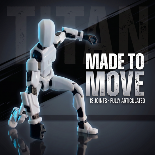 Titan White action pose — made to move, 13 joints fully articulated