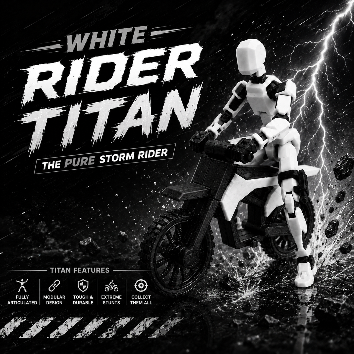 White Rider Titan · The Frost Rider · 13-Joint Articulated Action Figure with Stunt Bike · Titan Toys
