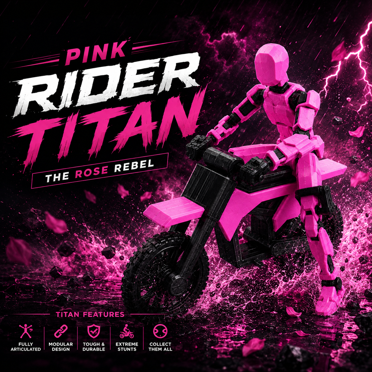 Pink Rider Titan · The Rose Rebel · 13-Joint Articulated Action Figure with Stunt Bike · Titan Toys
