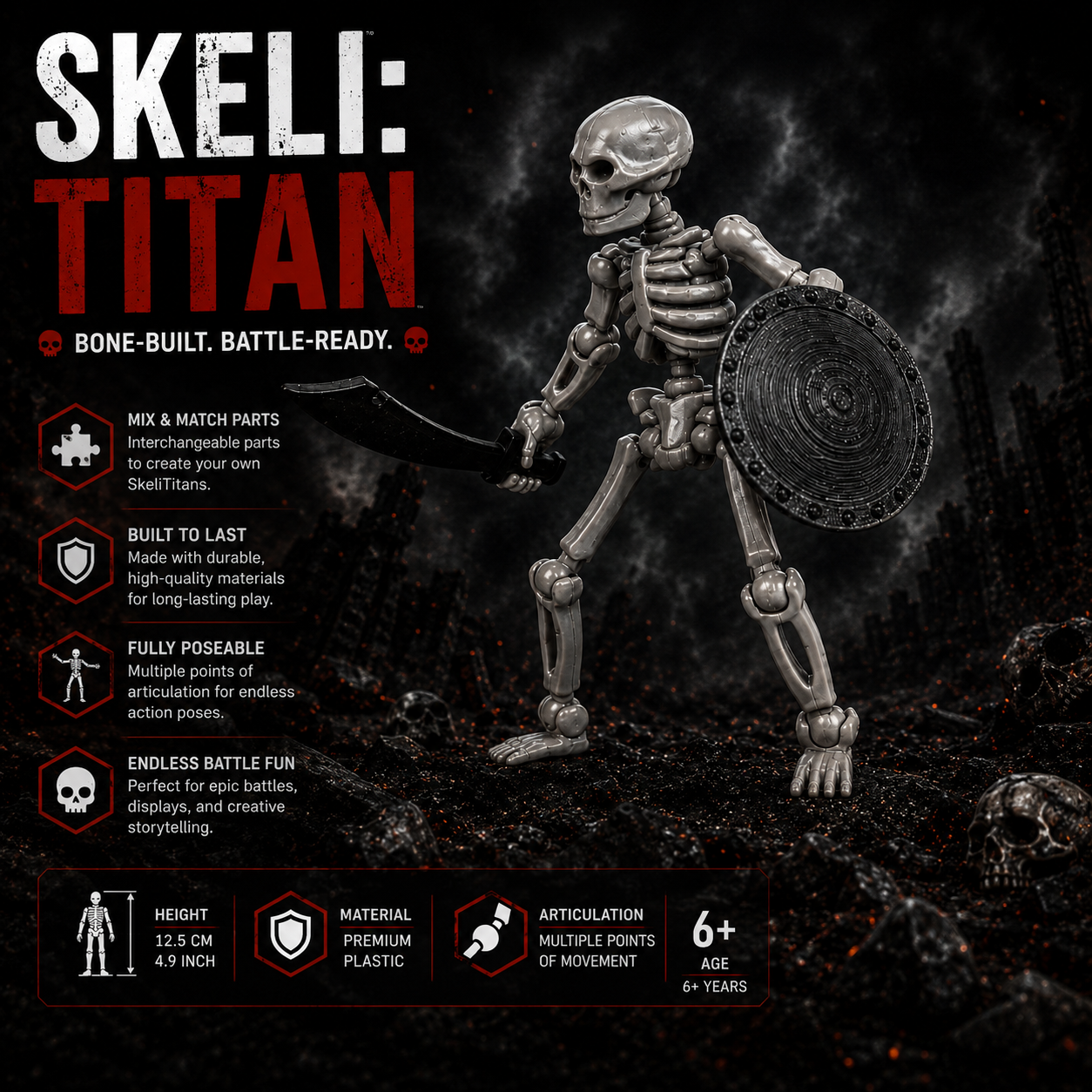 Skeli:Titans · The Bone Legion · Single 8-Inch Articulated Skeleton Figure · With Weapon · Made in India · Titan Toys