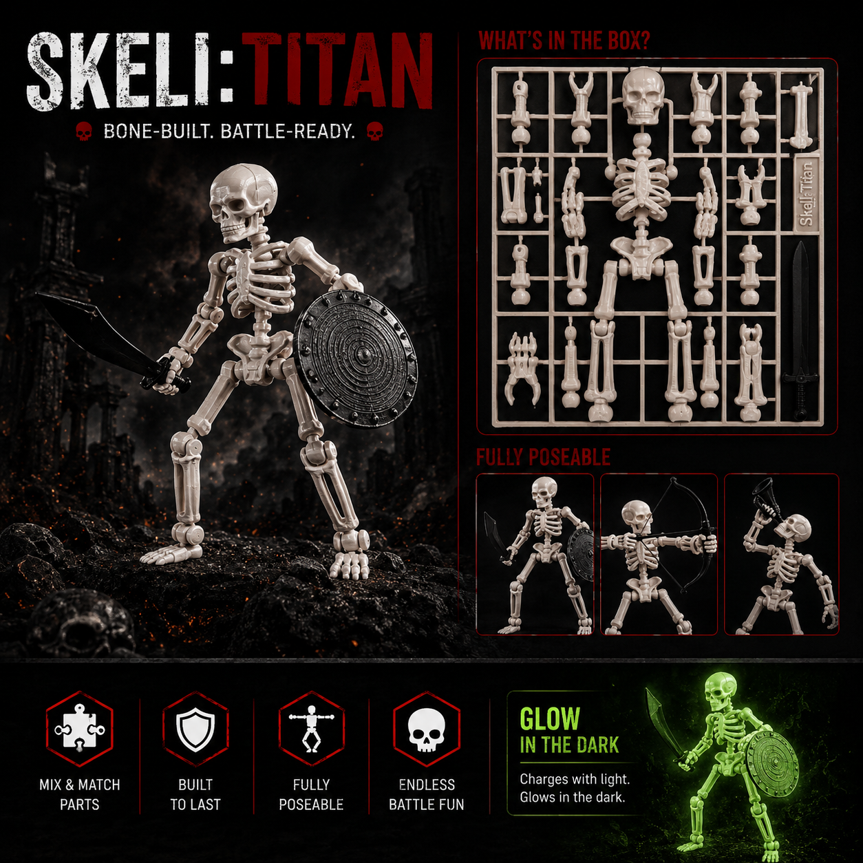 Skeli:Titans · The Ghost Legion · Single 8-Inch Glow-in-the-Dark Articulated Skeleton Figure · Made in India · Titan Toys