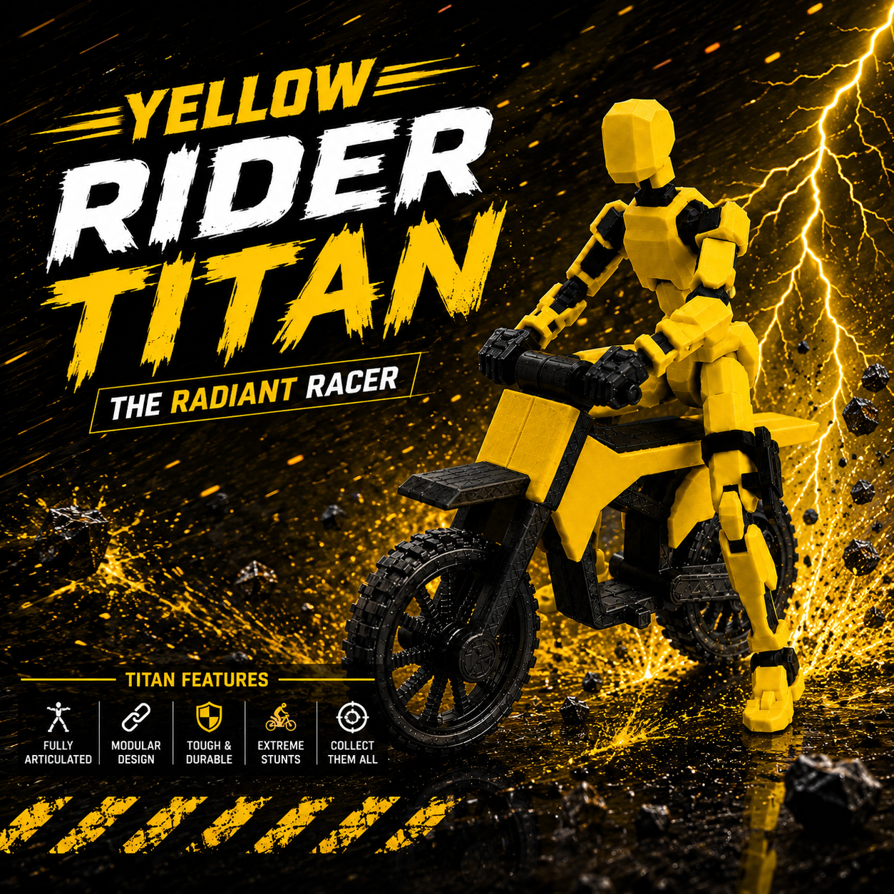 Yellow Rider Titan · The Radiant Racer · 13-Joint Articulated Action Figure with Stunt Bike · Titan Toys
