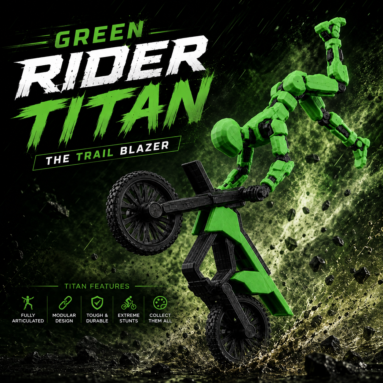 Green Rider Titan · The Trail Blazer · 13-Joint Articulated Action Figure with Stunt Bike · Titan Toys