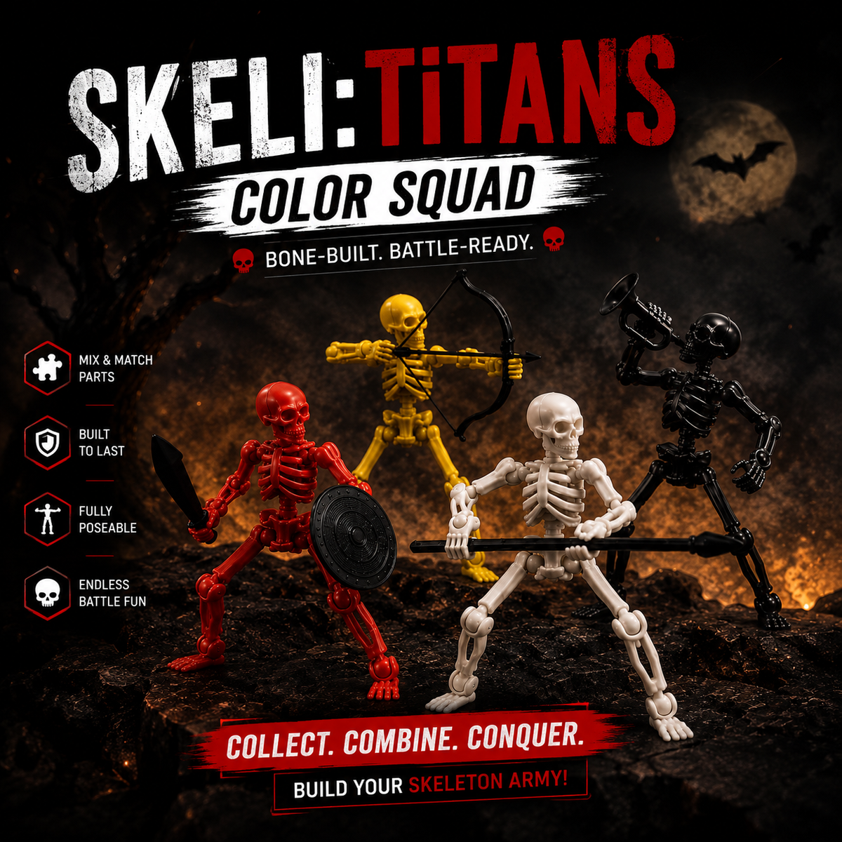 Skeli:Titans · The Colour Legion · 4-Figure Big 8-Inch Multi-Colour Articulated Skeleton Army Set · Red + Yellow + White + Black · Made in India · Titan Toys