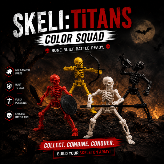 Skeli:Titans · The Colour Legion · 4-Figure Big 8-Inch Multi-Colour Articulated Skeleton Army Set · Red + Yellow + White + Black · Made in India · Titan Toys
