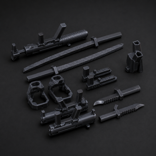 Universal Weapons Pack · Katana + Chainsaw Add-On Accessories · Titan Toys