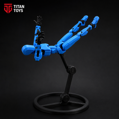 Titan Action Stand adjustable display base — blue Titan 13 figure in flying pose lifted by multi-joint matte black stand by Titan Toys