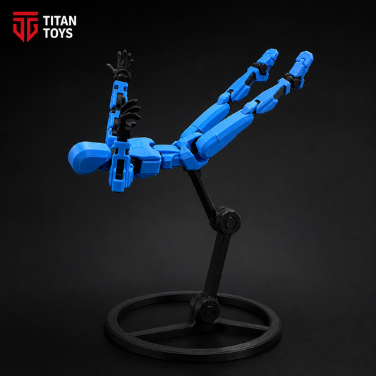 Titan Action Stand adjustable display base — blue Titan 13 figure in flying pose lifted by multi-joint matte black stand by Titan Toys