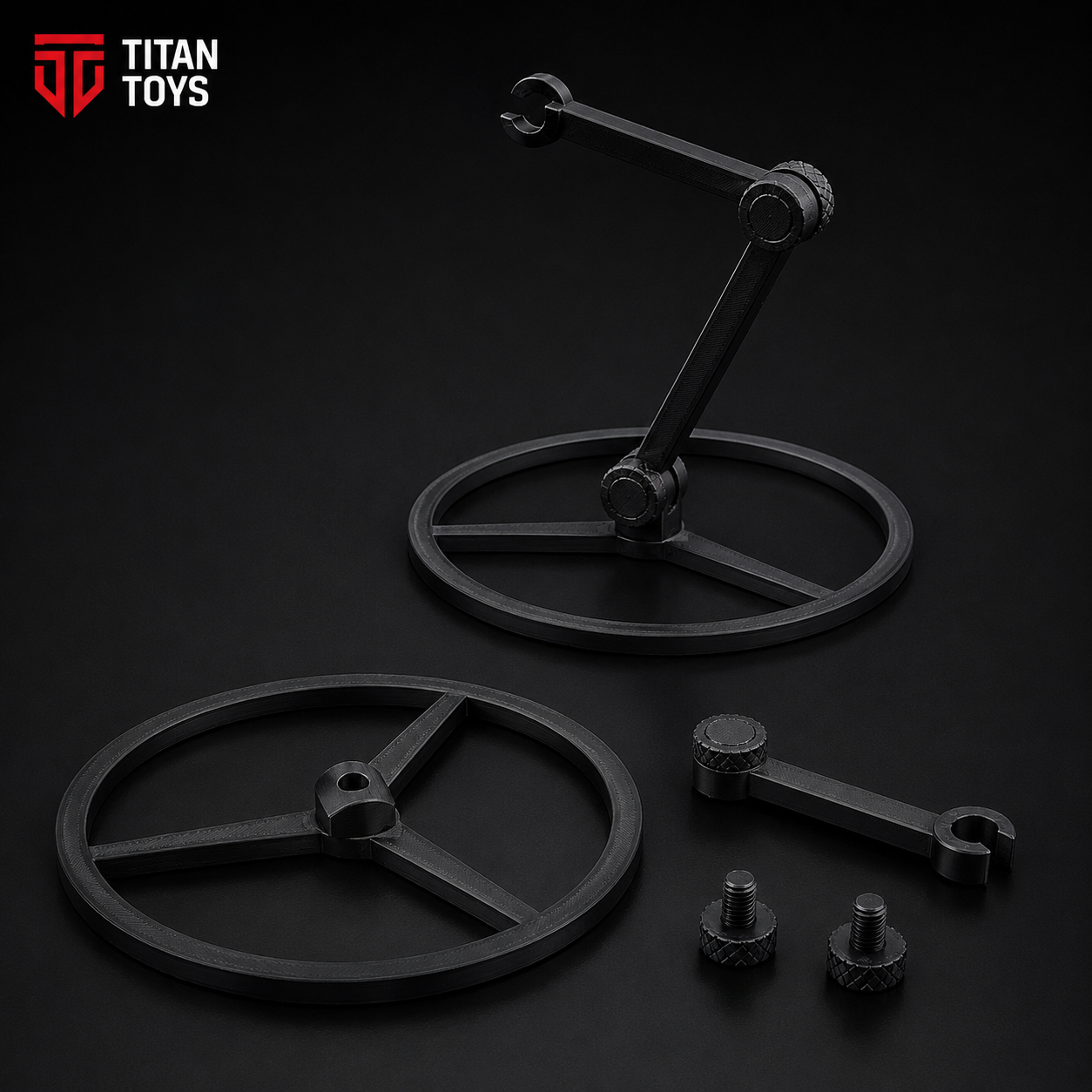 Titan Action Stand wide circular base and multi-joint adjustable arm — matte black PLA display mount for Titan 13