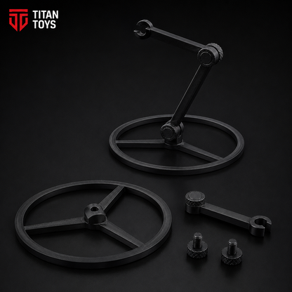 Titan Action Stand wide circular base and multi-joint adjustable arm — matte black PLA display mount for Titan 13
