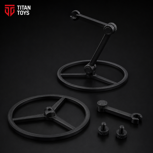 Titan Action Stand wide circular base and multi-joint adjustable arm — matte black PLA display mount for Titan 13