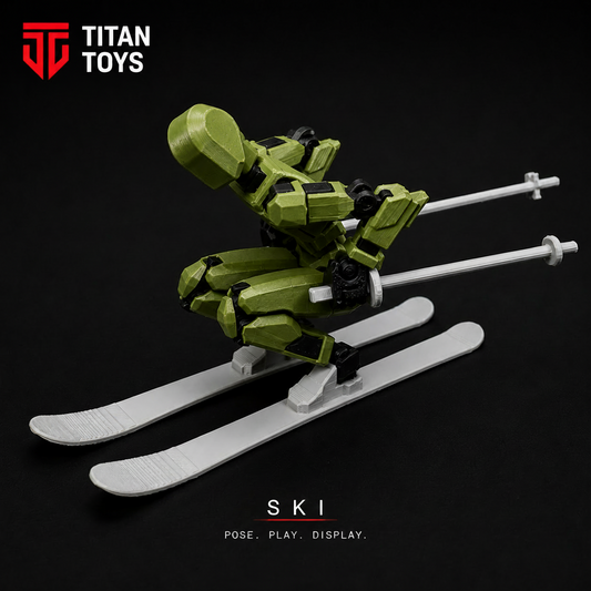 Titan SKEE Pack ski set with poles for Titan 13 — green articulated figure on white skis with ski poles by Titan Toys