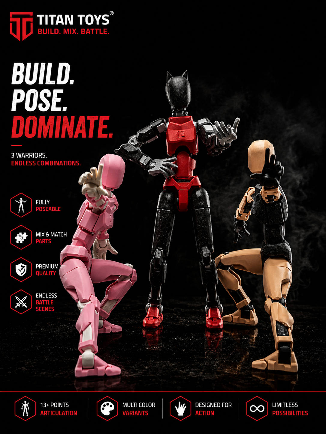 Femme Squad · The Mystery Line · Pink + Cat-Ear + Tan Articulated 3-Figure Action Set · Titan Toys