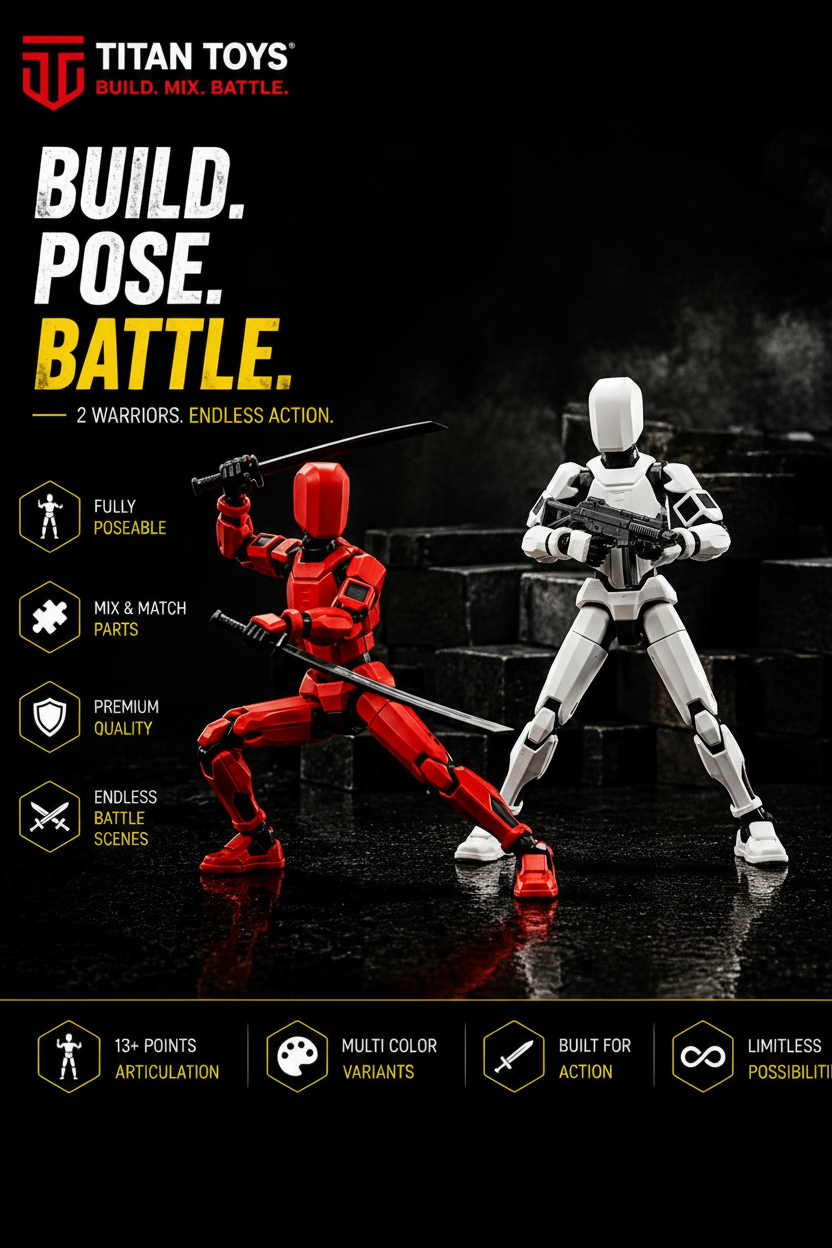 Red & White Studio Twin · Warrior & Harmony · Articulated Desktop Action Set · Titan Toys