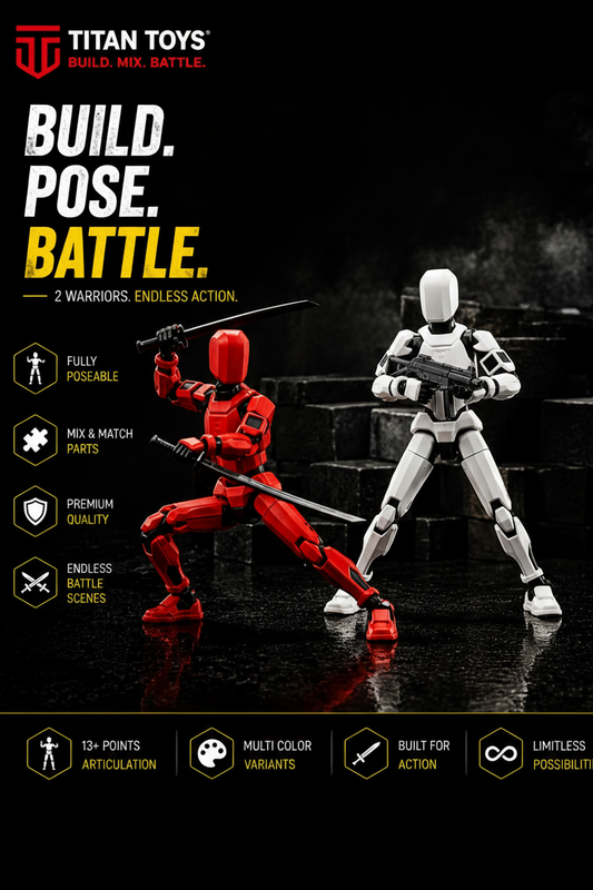 Red & White Studio Twin · Warrior & Harmony · Articulated Desktop Action Set · Titan Toys