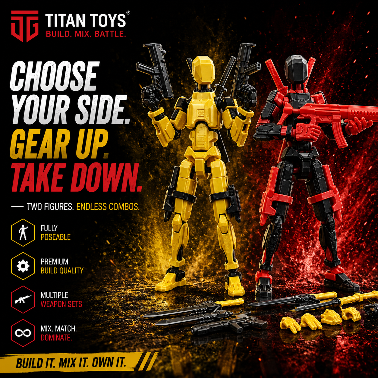 Yellow & Red Duo · Sun & Fire Squad · 2-Figure Articulated Action Set · Titan Toys