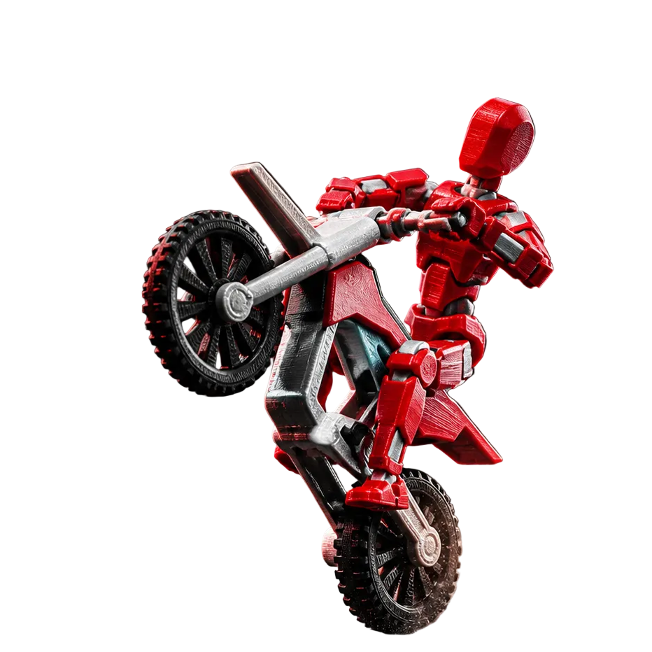 Red Rider Duo action figures performing stunt poses with bikes — Titan Toys lifestyle shot