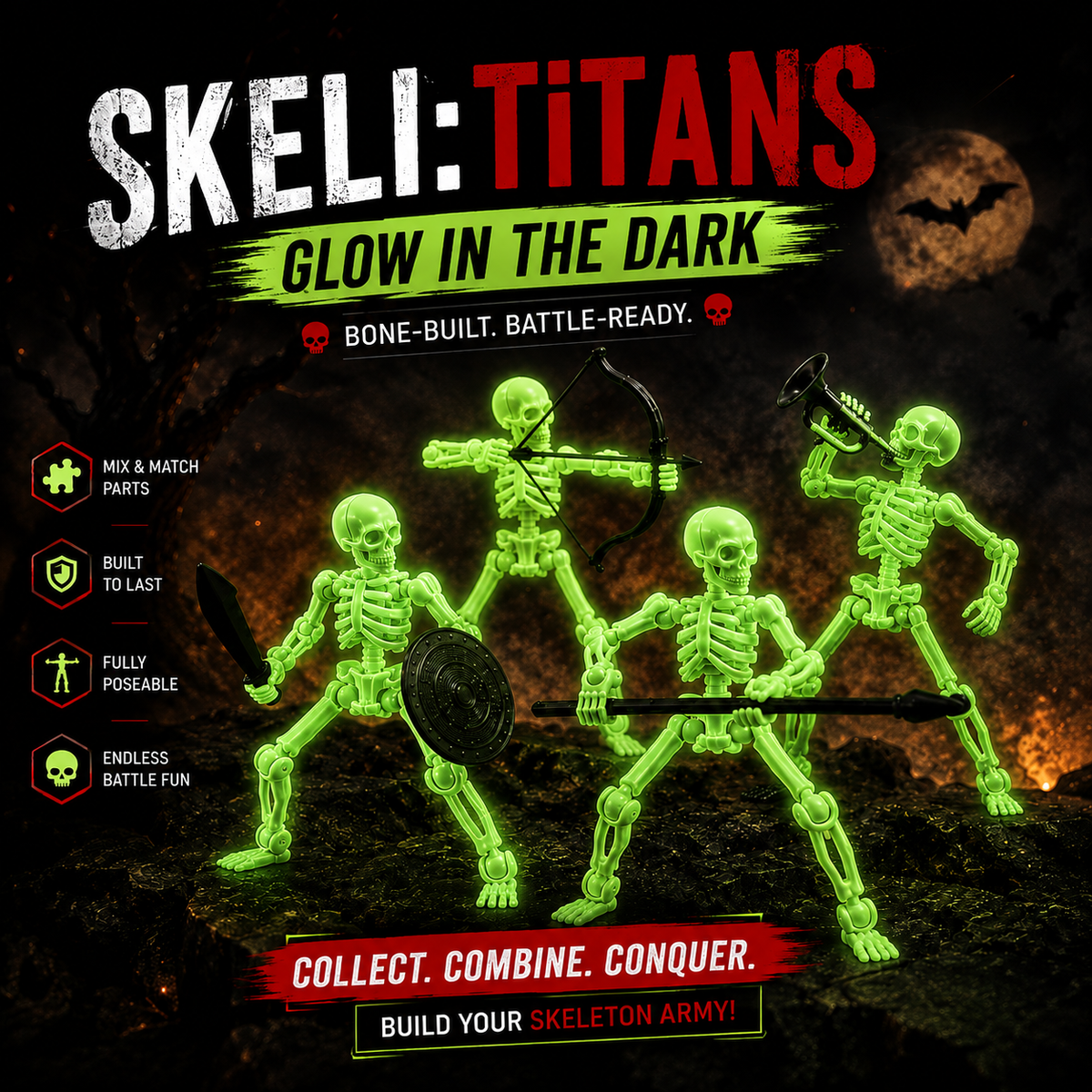 Skeli:Titans · The Ghost Legion · 4-Figure Big 8-Inch Glow-in-the-Dark Articulated Skeleton Army Set