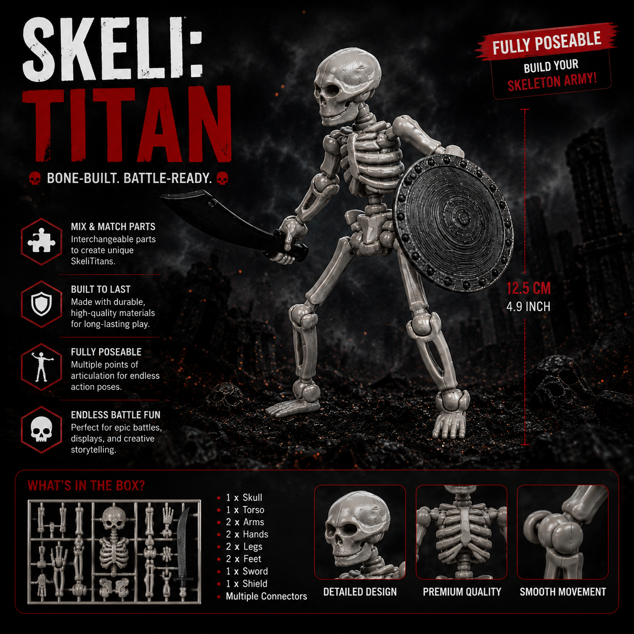 Skeli:Titans · The Bone Legion · Single 8-Inch Articulated Skeleton Figure · With Weapon · Made in India · Titan Toys
