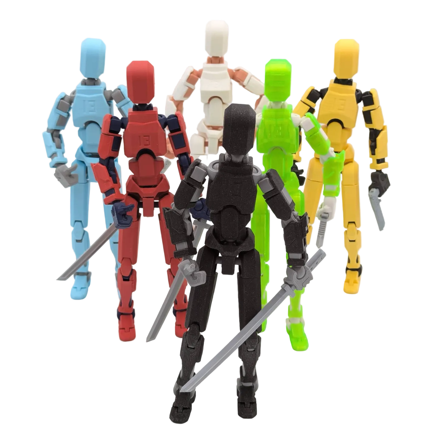 Rainbow Squad 6-figure Titan 13 articulated action figures display in red blue white black green yellow - Titan Toys