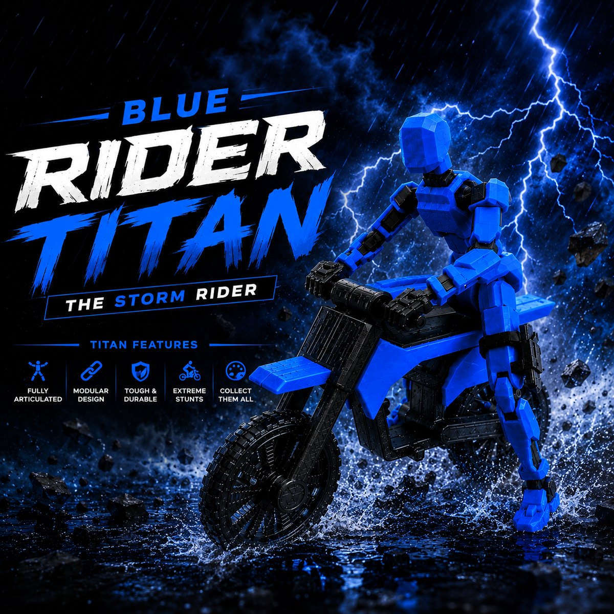 Blue Rider Titan · The Storm Rider · 13-Joint Articulated Action Figure with Stunt Bike · Titan Toys