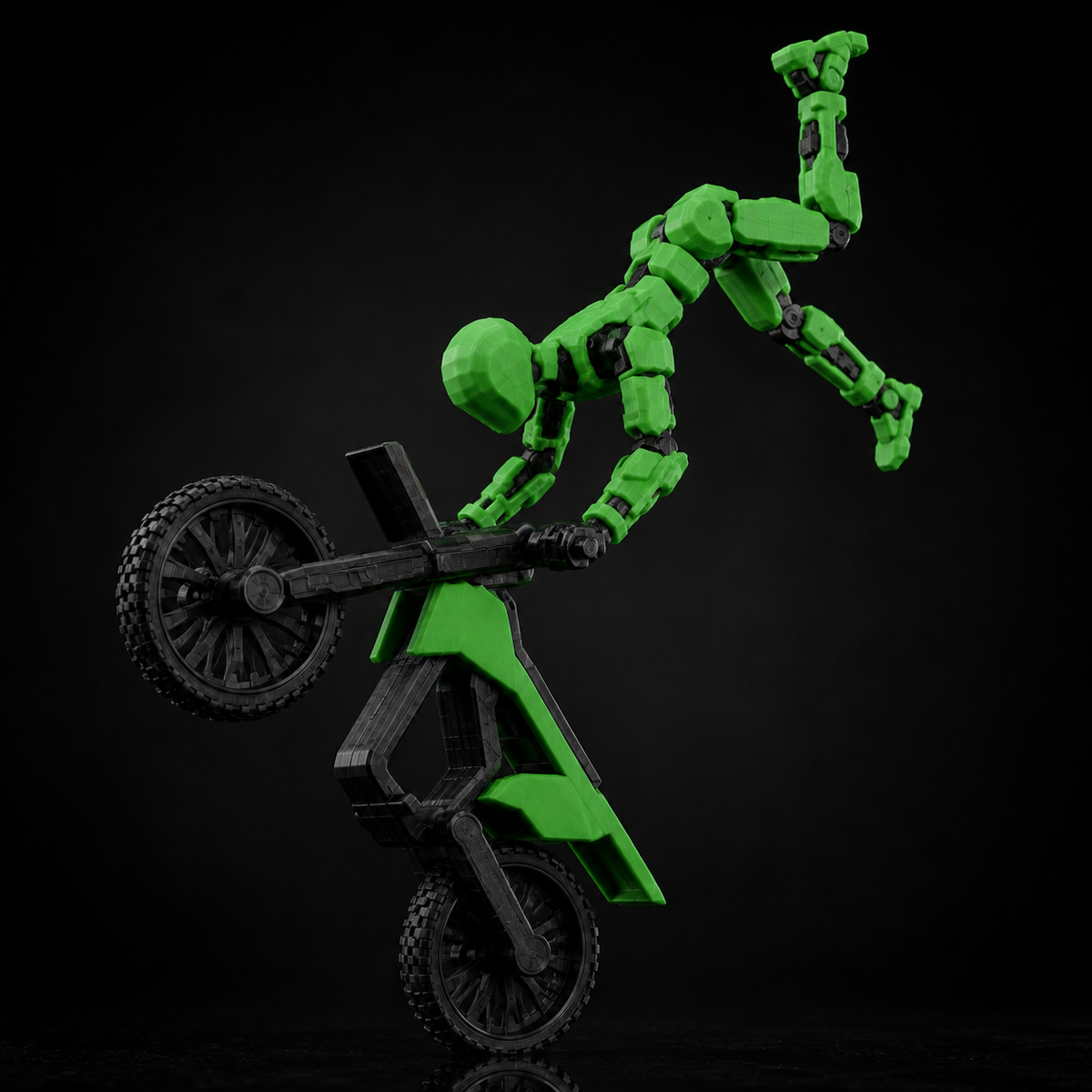 Green Rider Titan on stunt bike — dynamic action pose, Titan Toys