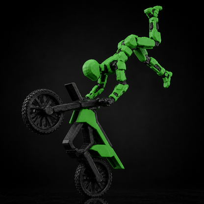 Green Rider Titan on stunt bike — dynamic action pose, Titan Toys