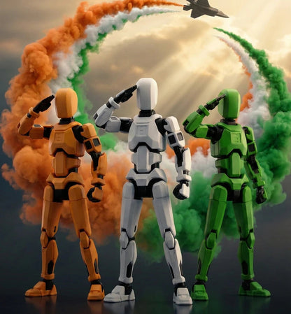 Titan Tiranga Squad · The Tricolour Trio · Saffron + White + Green 3-Figure Articulated Action Set · Made in India · Titan Toys