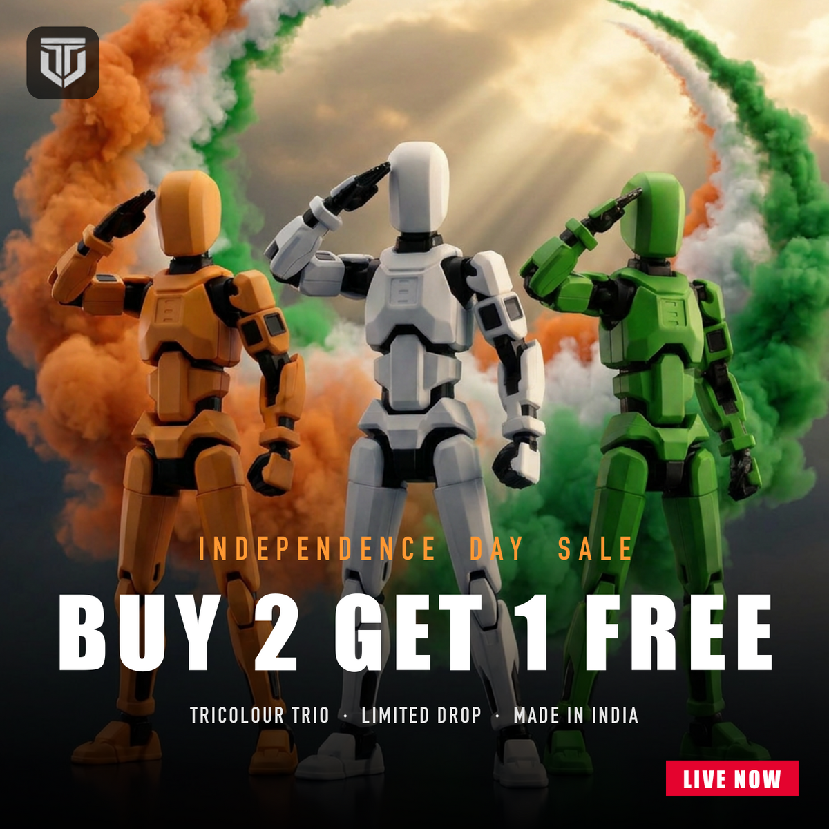 Titan Tiranga Squad — three articulated action figures in saffron, white and green, Titan Toys