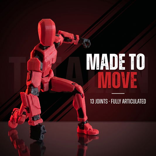 Titan Red action pose — made to move, 13 joints fully articulated