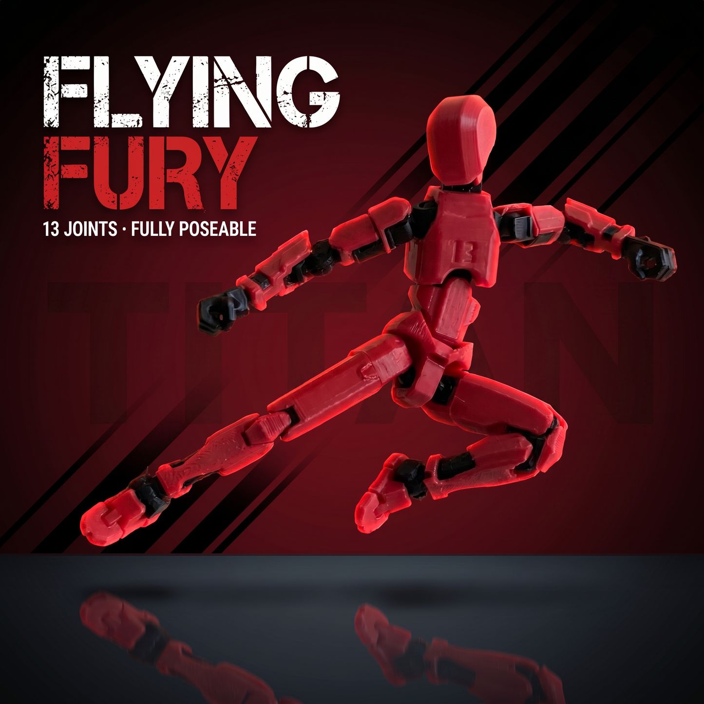 Titan Red flying-kick pose — fully poseable articulated figure
