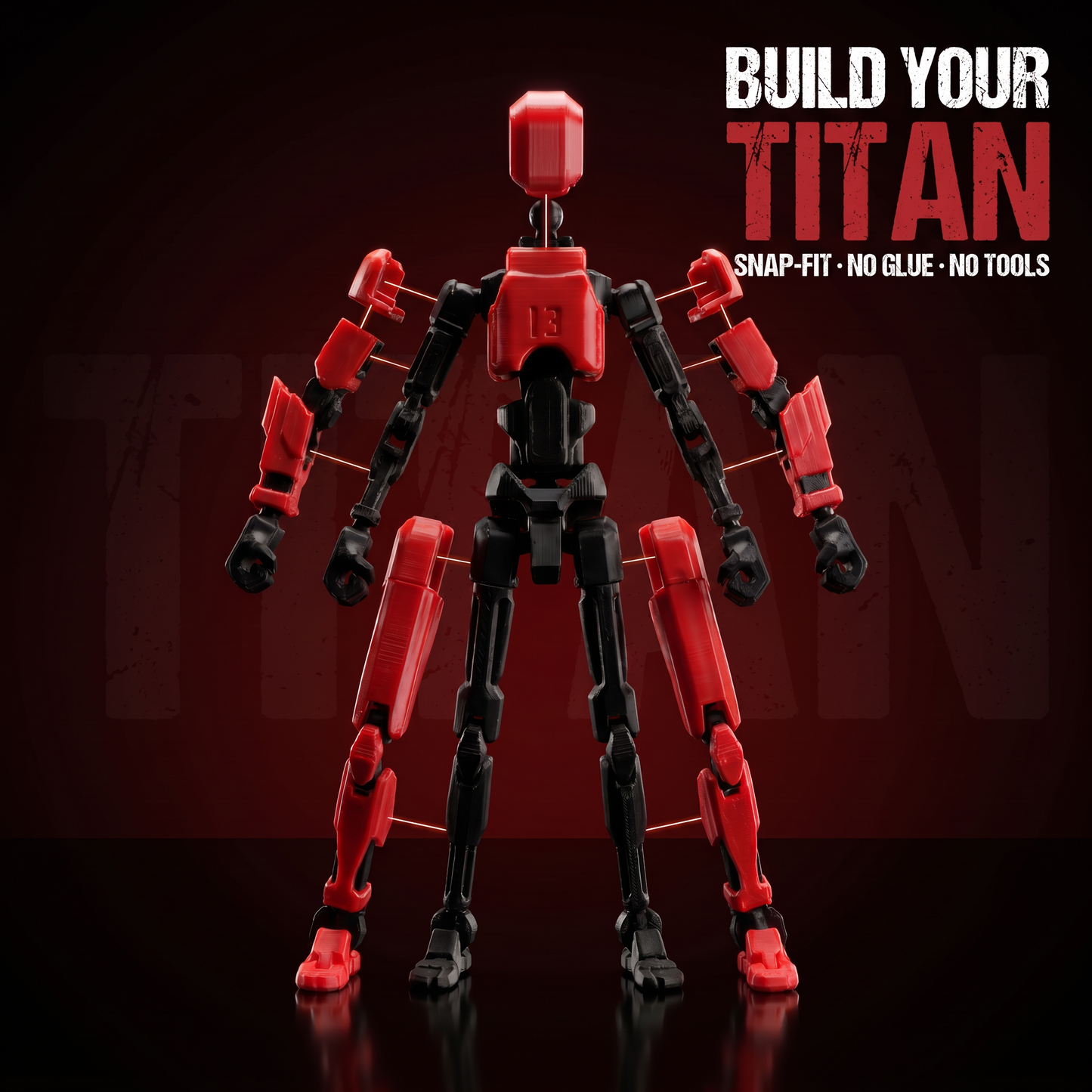 Titan Red assembly — snap-fit, no glue, no tools, exploded parts
