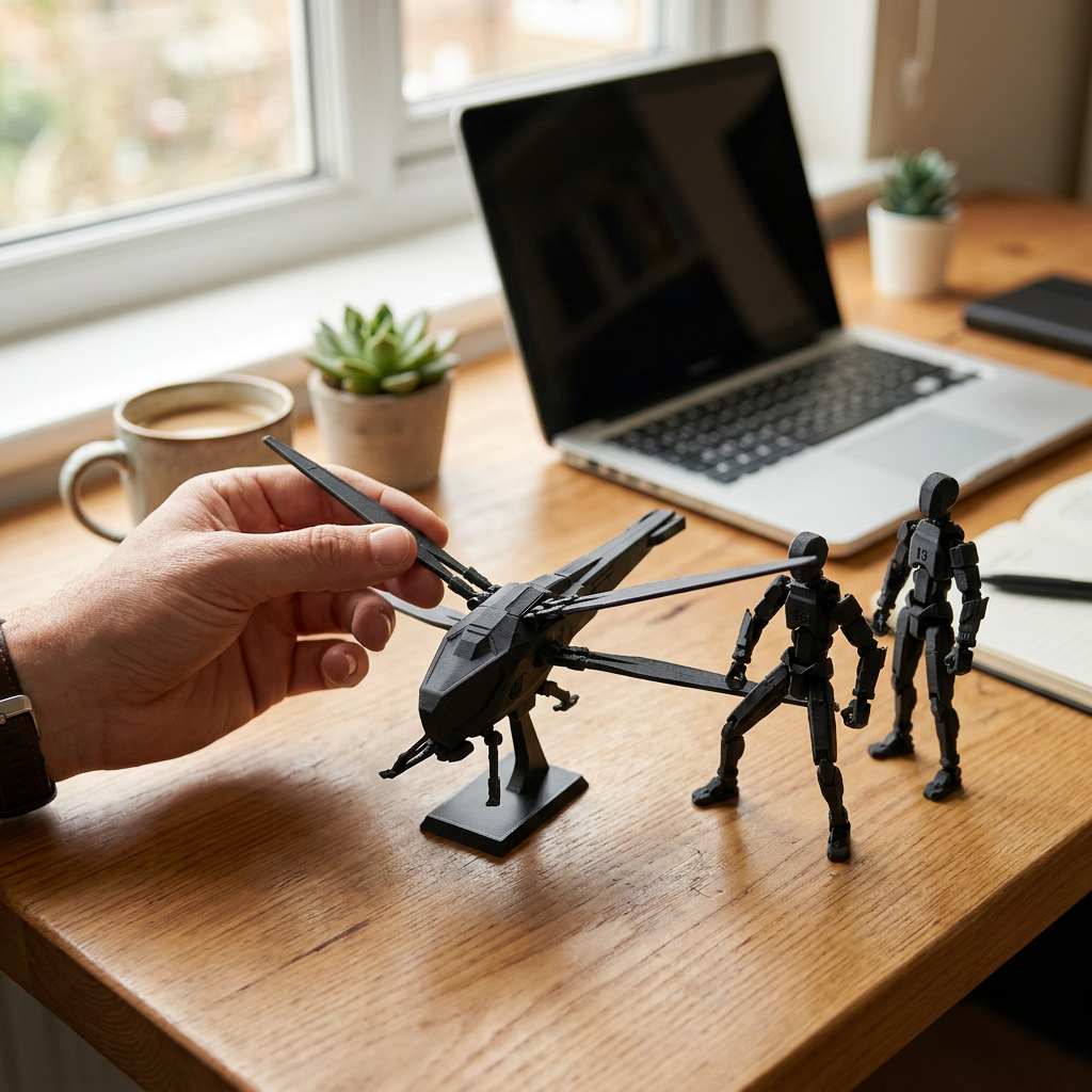 Assembling the TitanCopter on an office desk with Titan-13 figures