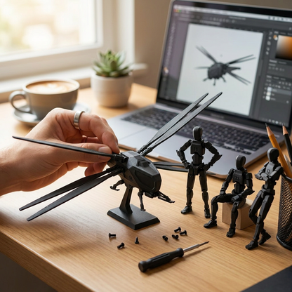 Assembling the TitanCopter at a desk with Titan-13 figures and design on laptop