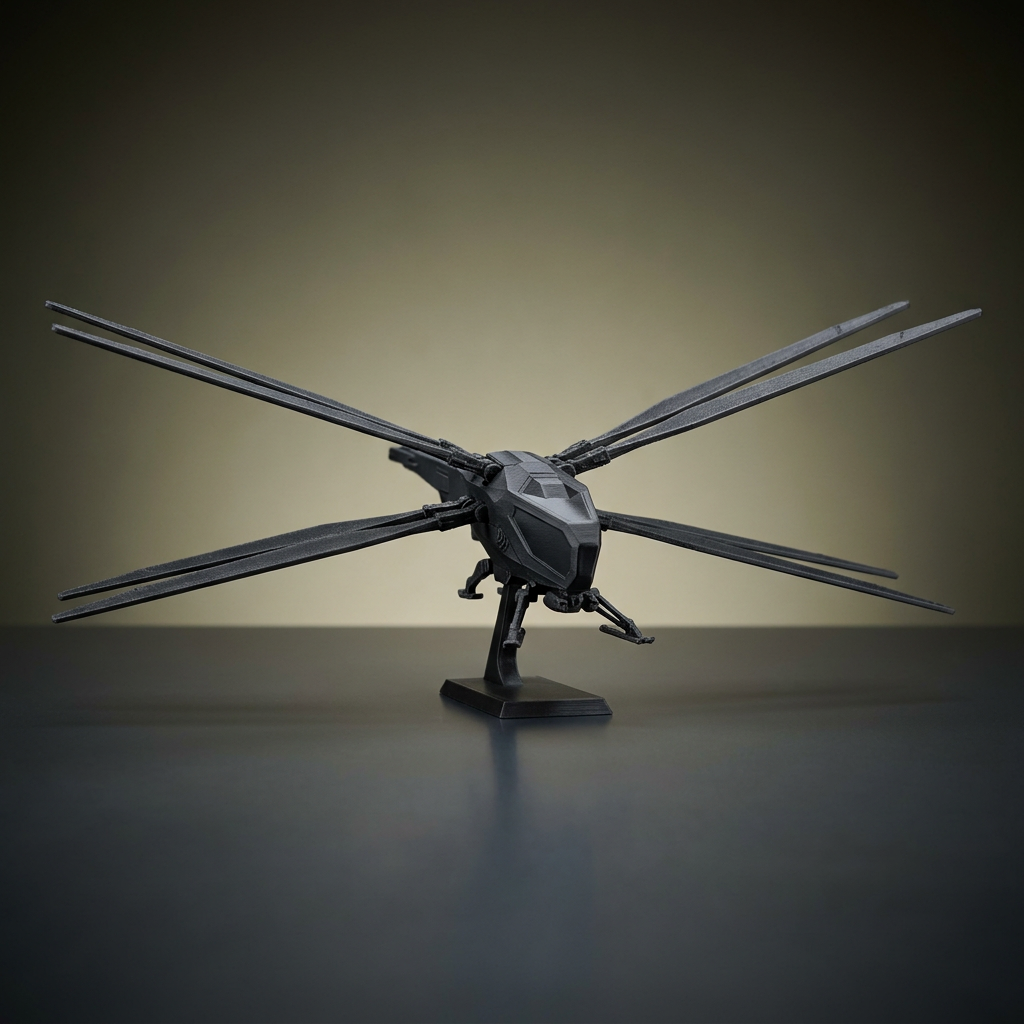 TitanCopter ornithopter model — matte black on display stand