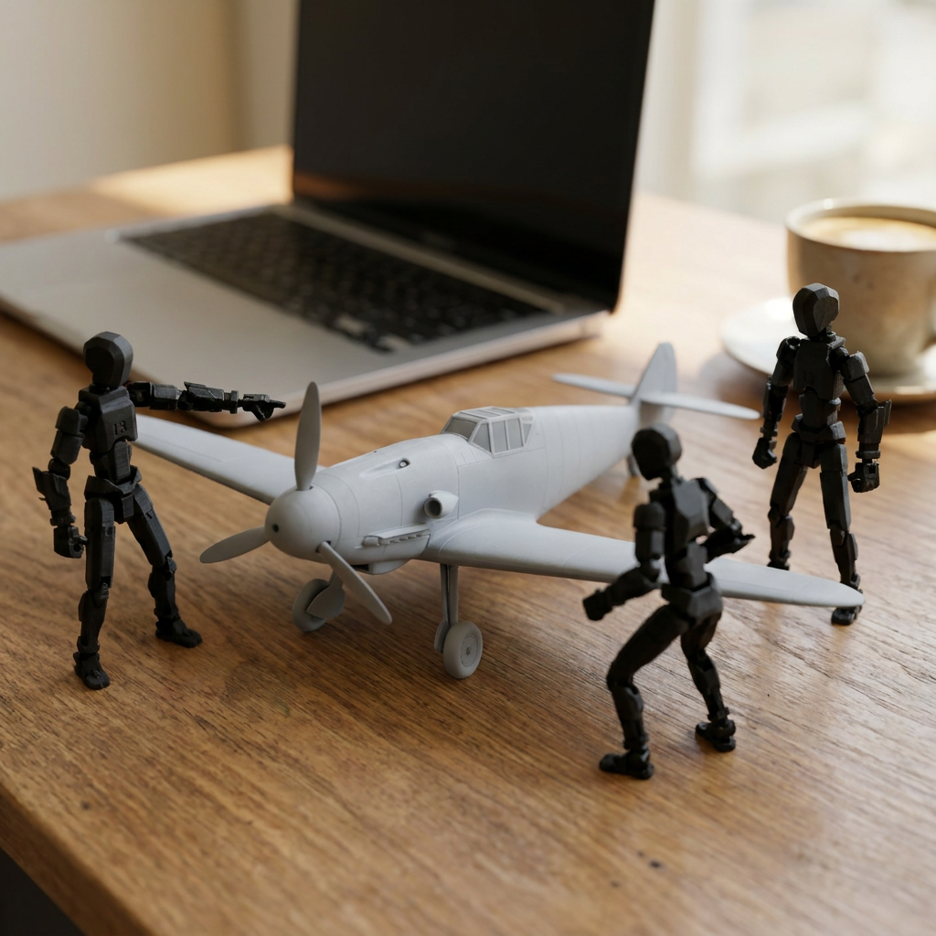 Bf 109 fighter on a desk with Titan-13 figures