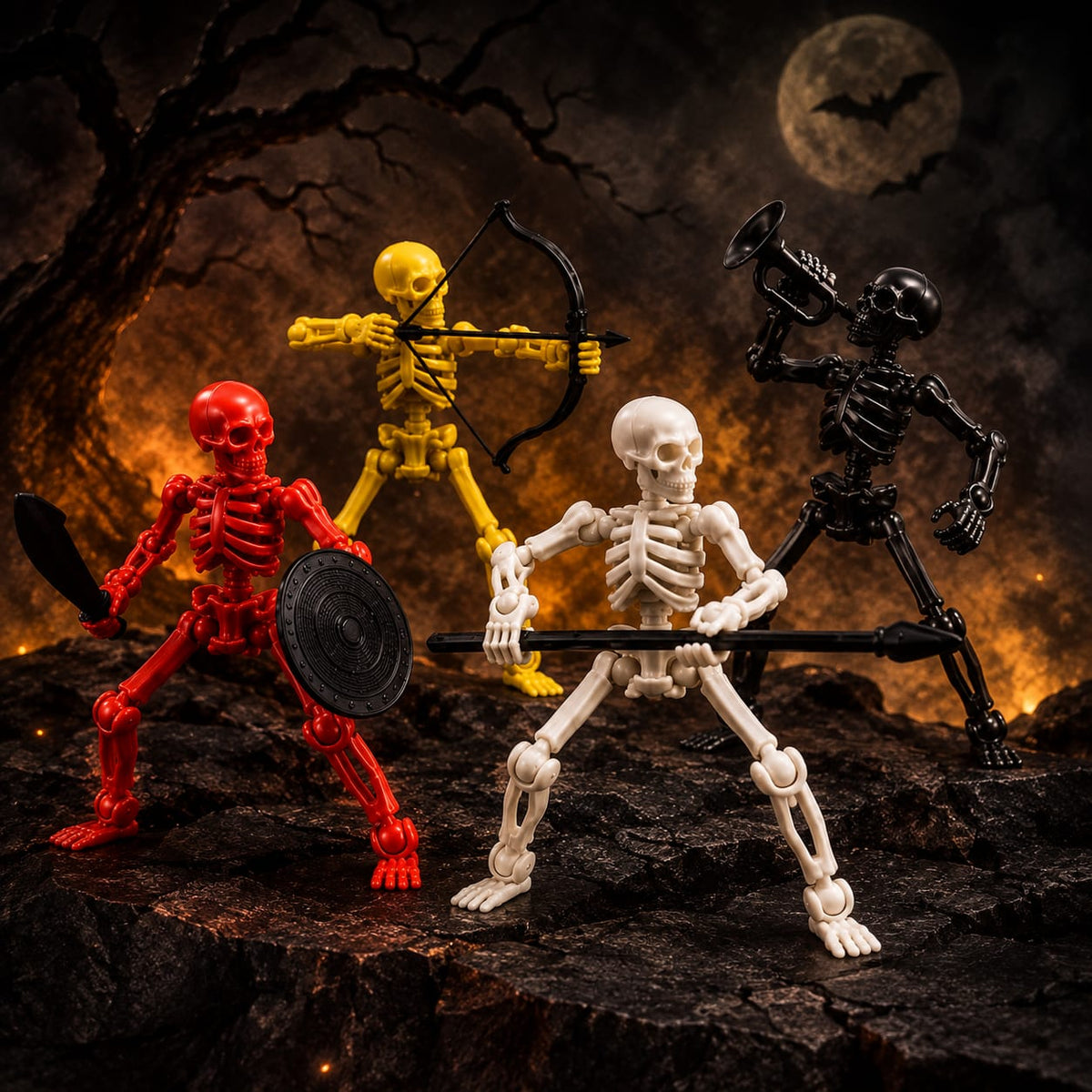 Skeli:Titans multi-colour skeleton army — Red, Yellow, White and Black poseable warriors, Halloween Titan Toys