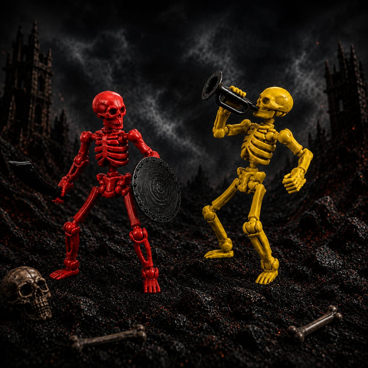 Skeli:Titans red and yellow skeleton warriors with sword, shield and trumpet, Titan Toys
