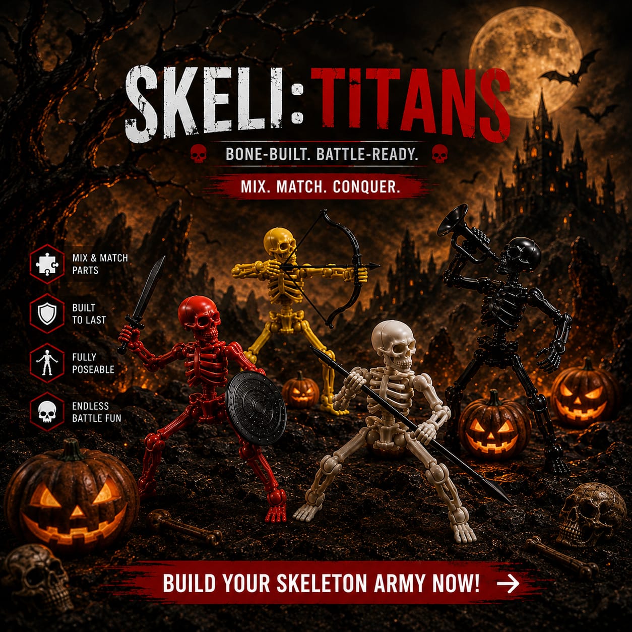 Skeli:Titans multi-colour skeleton army in a Halloween pumpkin scene, Titan Toys