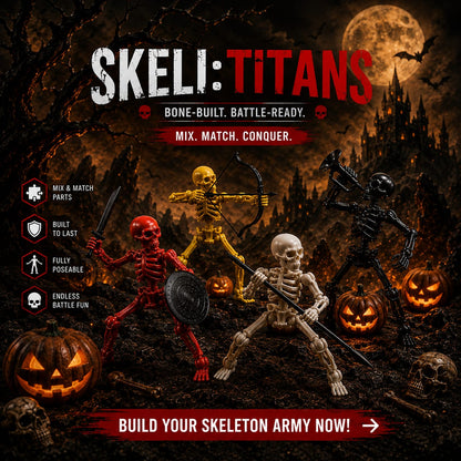 Skeli:Titans multi-colour skeleton army in a Halloween pumpkin scene, Titan Toys