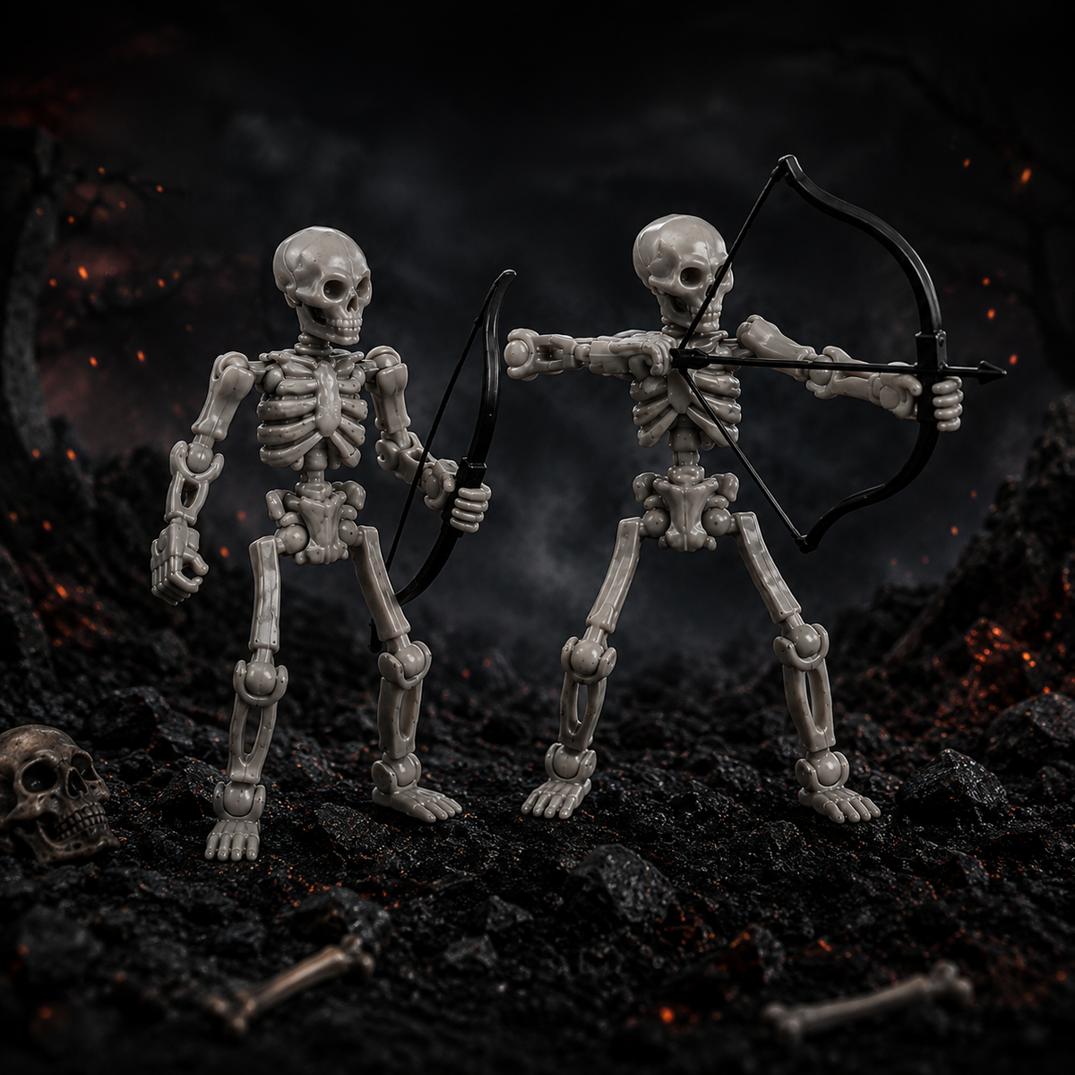 Skeli:Titans skeleton warriors with bows on a dark battlefield — poseable Titan Toys action figures
