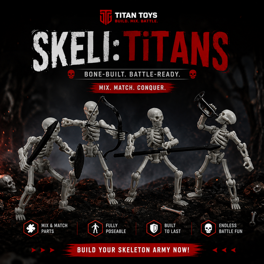 Skeli:Titans skeleton army — four poseable warriors with bow, sword, shield and spear, Titan Toys