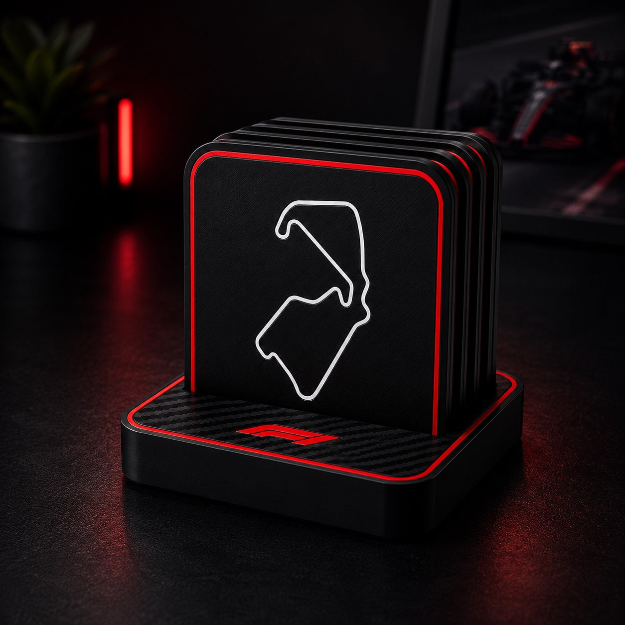 Titan Motorsport Coaster Set in carbon-look holder stand with racing circuit coaster
