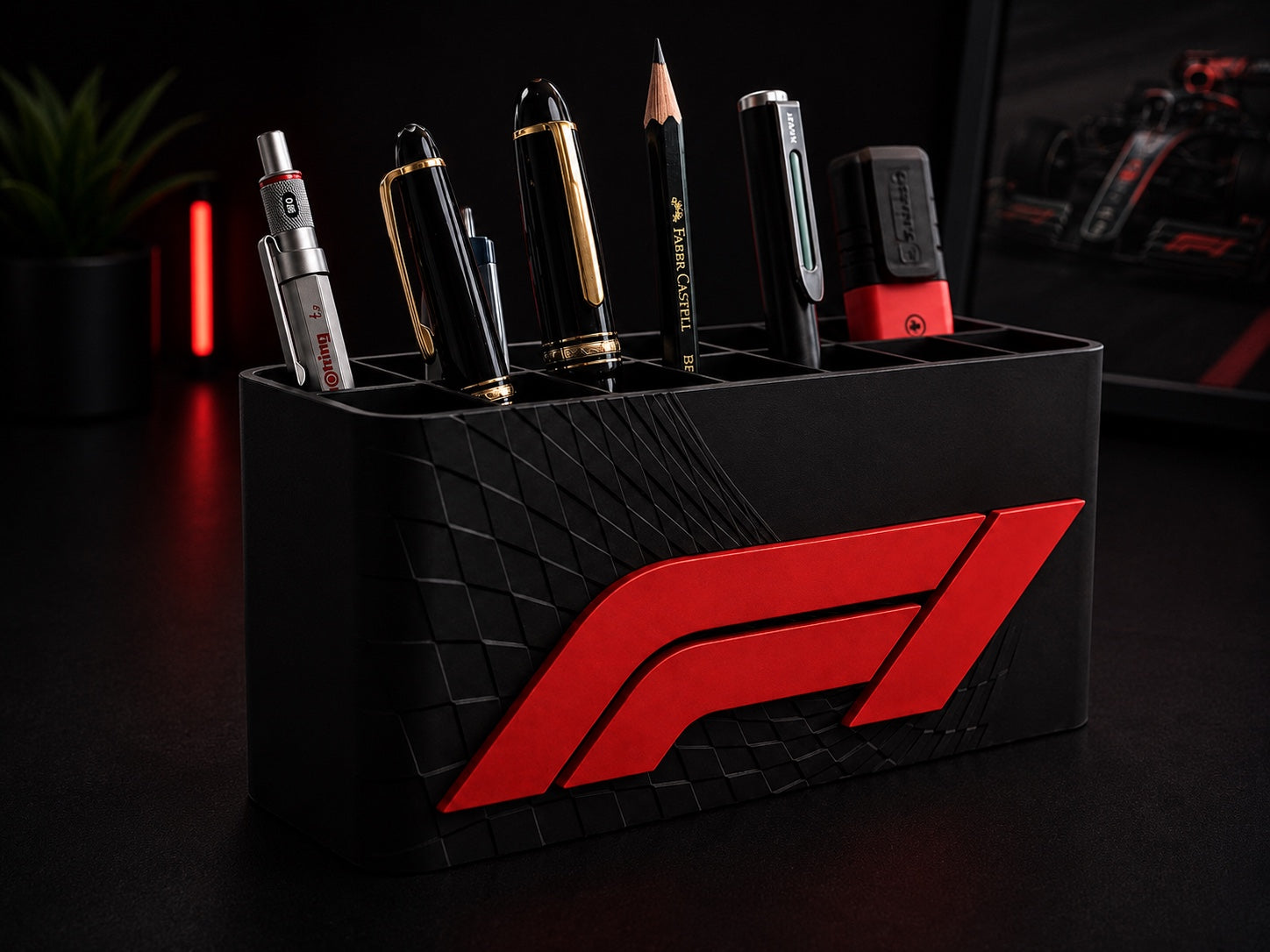 Titan Multi-Slot Desk Organizer holding pens and pencils, red racing emblem on front